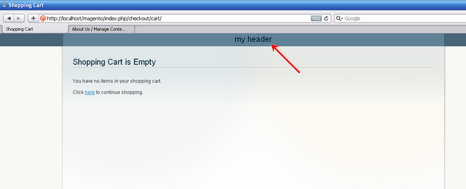 Screenshot with empty cart and custom header