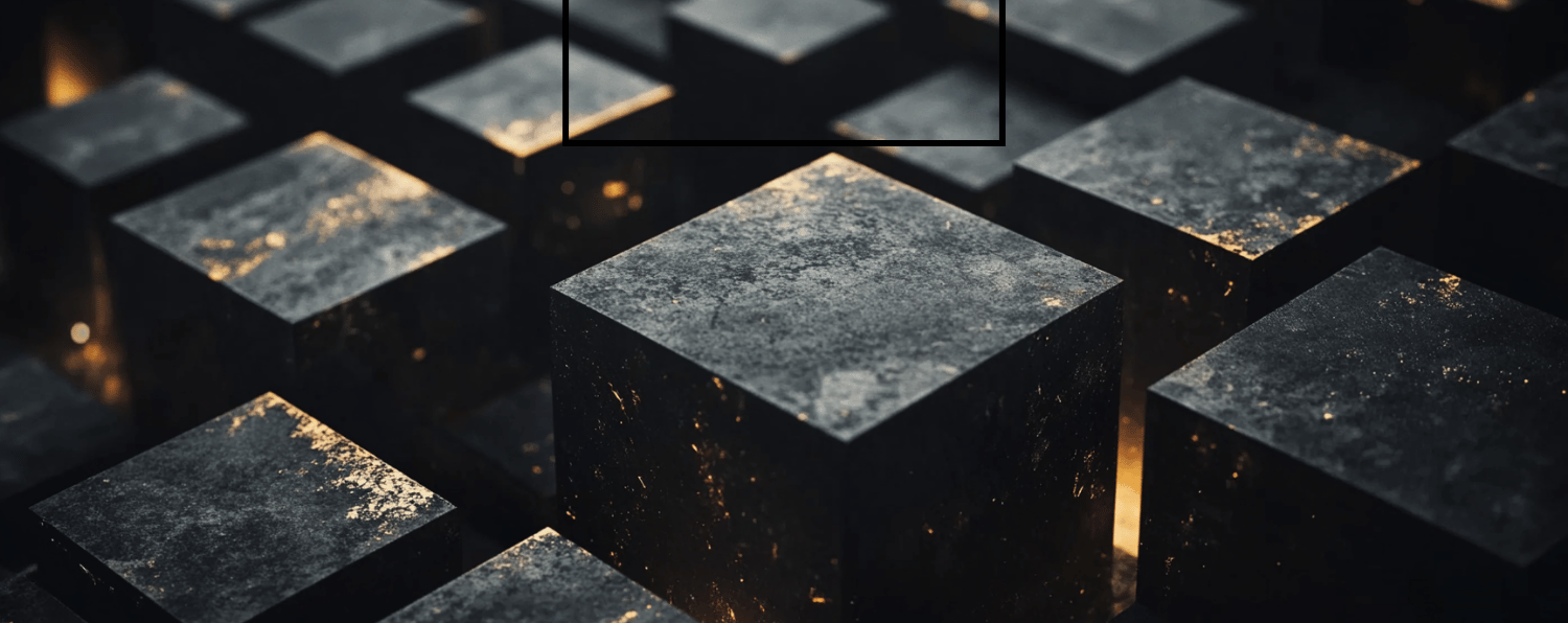 Abstract Dark Cubes with Textured Surfaces and Glowing Golden Highlights, Symbolizing Structured Customization Concepts.