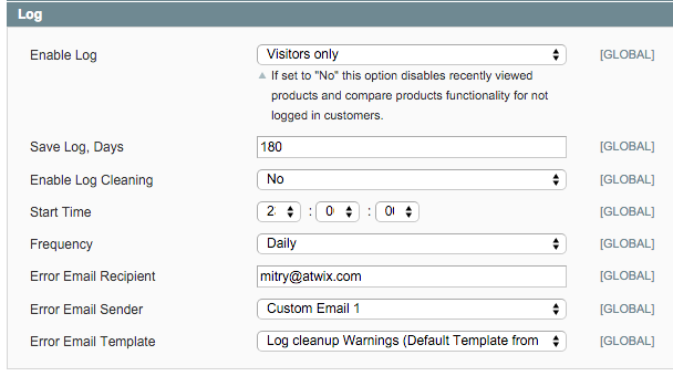 Enable logs and log cleaning in Magento