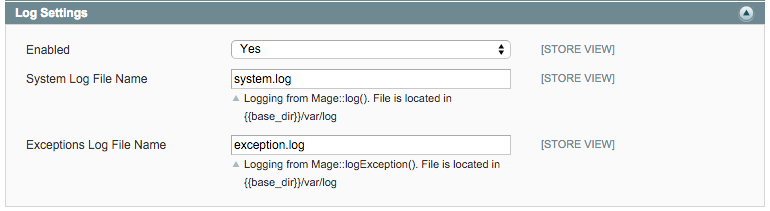 log settings in magento system config