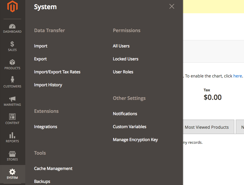 Magento2 admin panel menu
