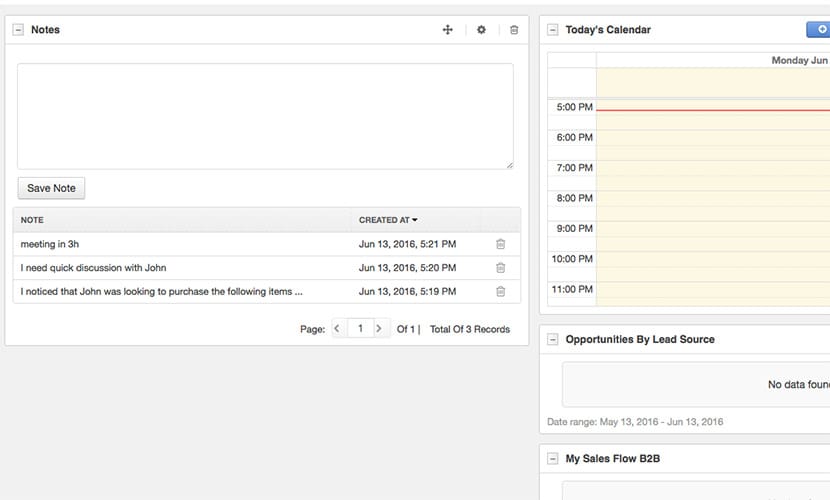 Note widget with data on OroCRM dashboard