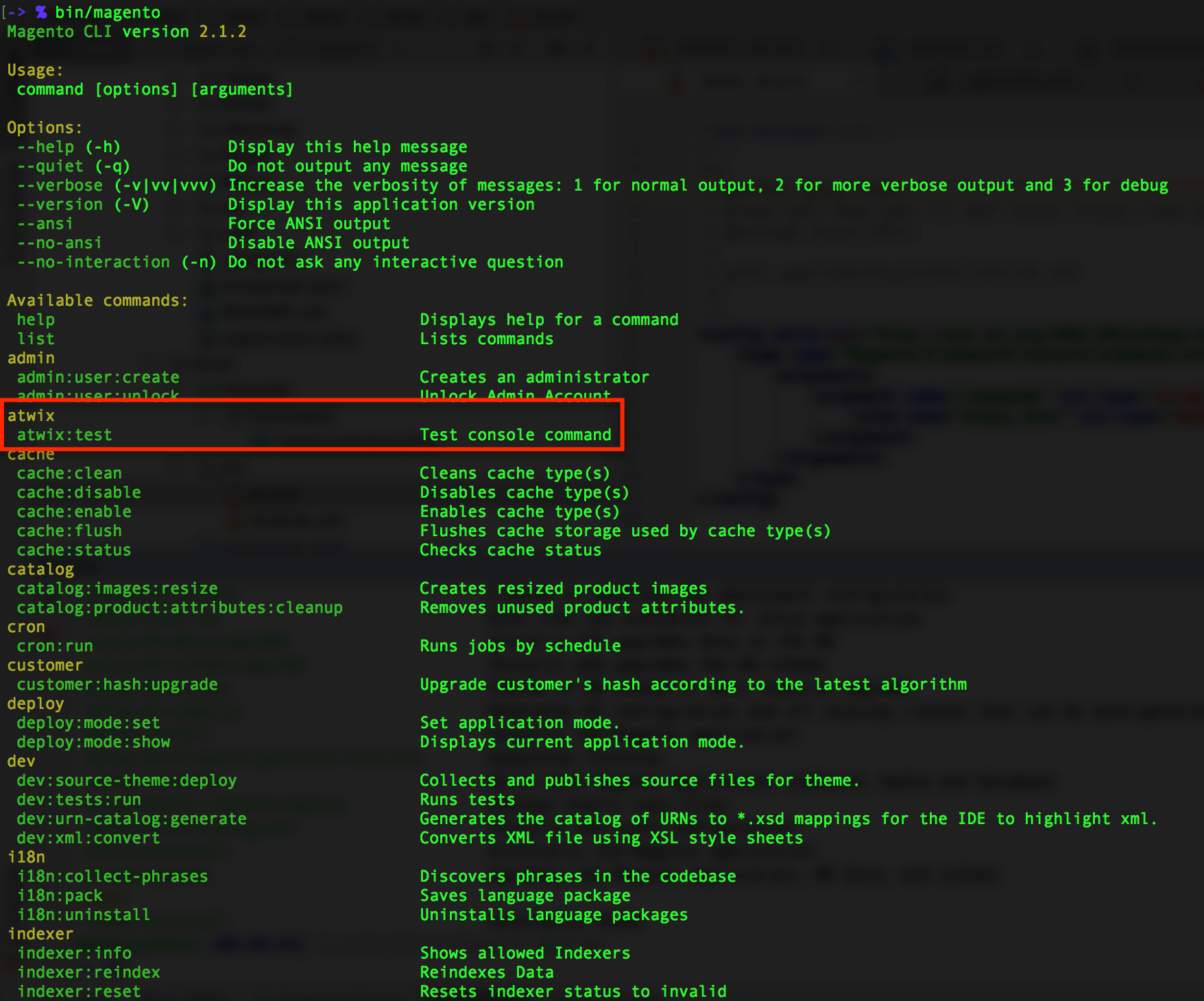 see our test command in the list of available bin/magento options