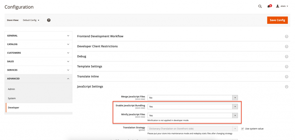 Magento 2 Merge JS files setting screenshot