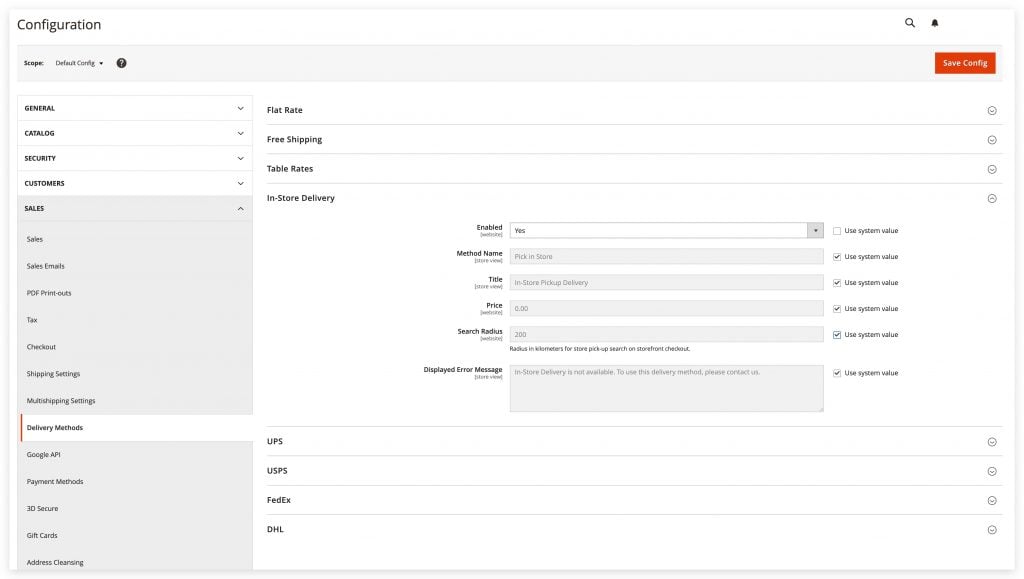 Magento admin configuration for delivery methods and in-store delivery