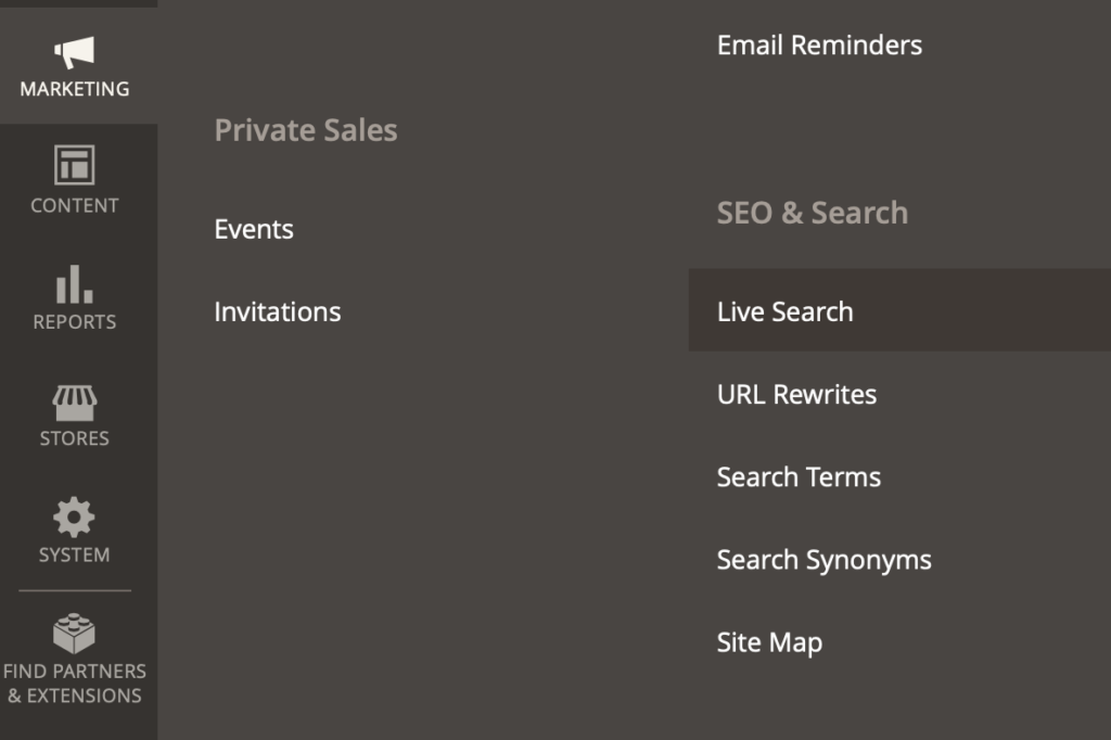 Marketing Live Search admin screenshot