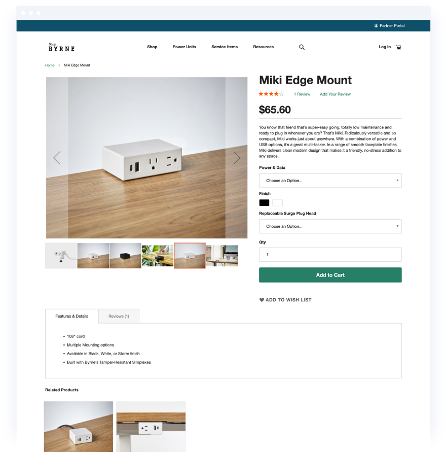 Configurable Product Page | Atwix Byrne Website Product Page Displaying the Miki Edge Mount Power Outlet