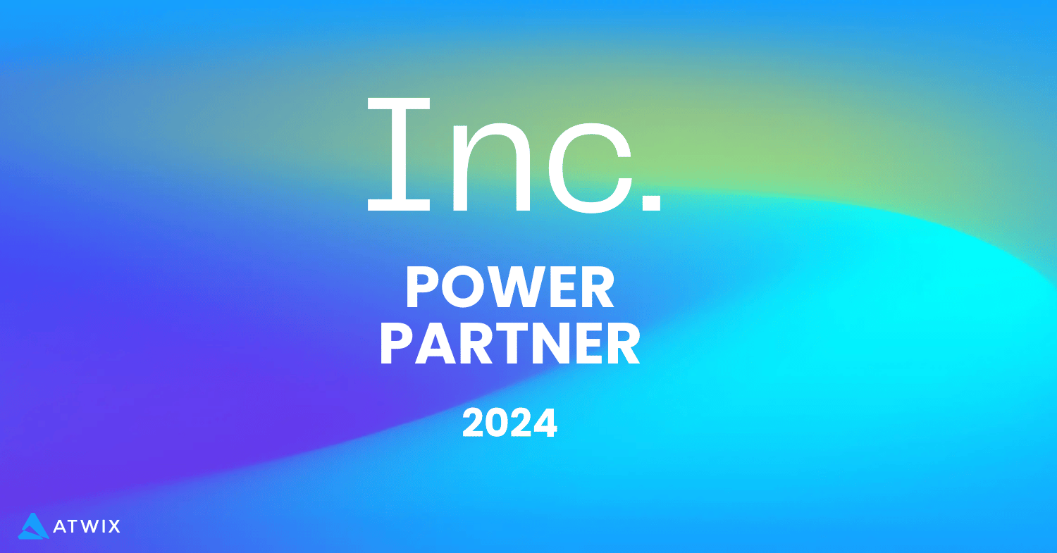 Inc. Power Partner 2024 Award Graphic with a Blue Gradient Background and Atwix Logo in the Corner.
