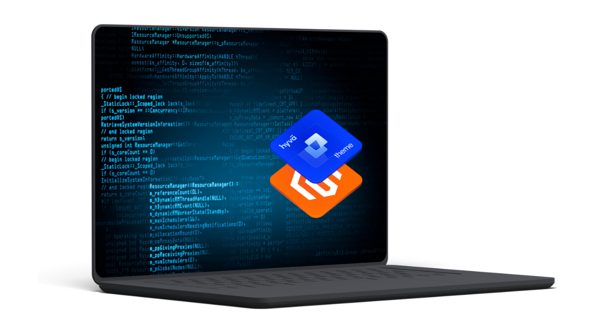 What is Hyva Theme Development | Atwix Hyvä Theme and Magento Logos on Laptop Screen with Backend Code in Background