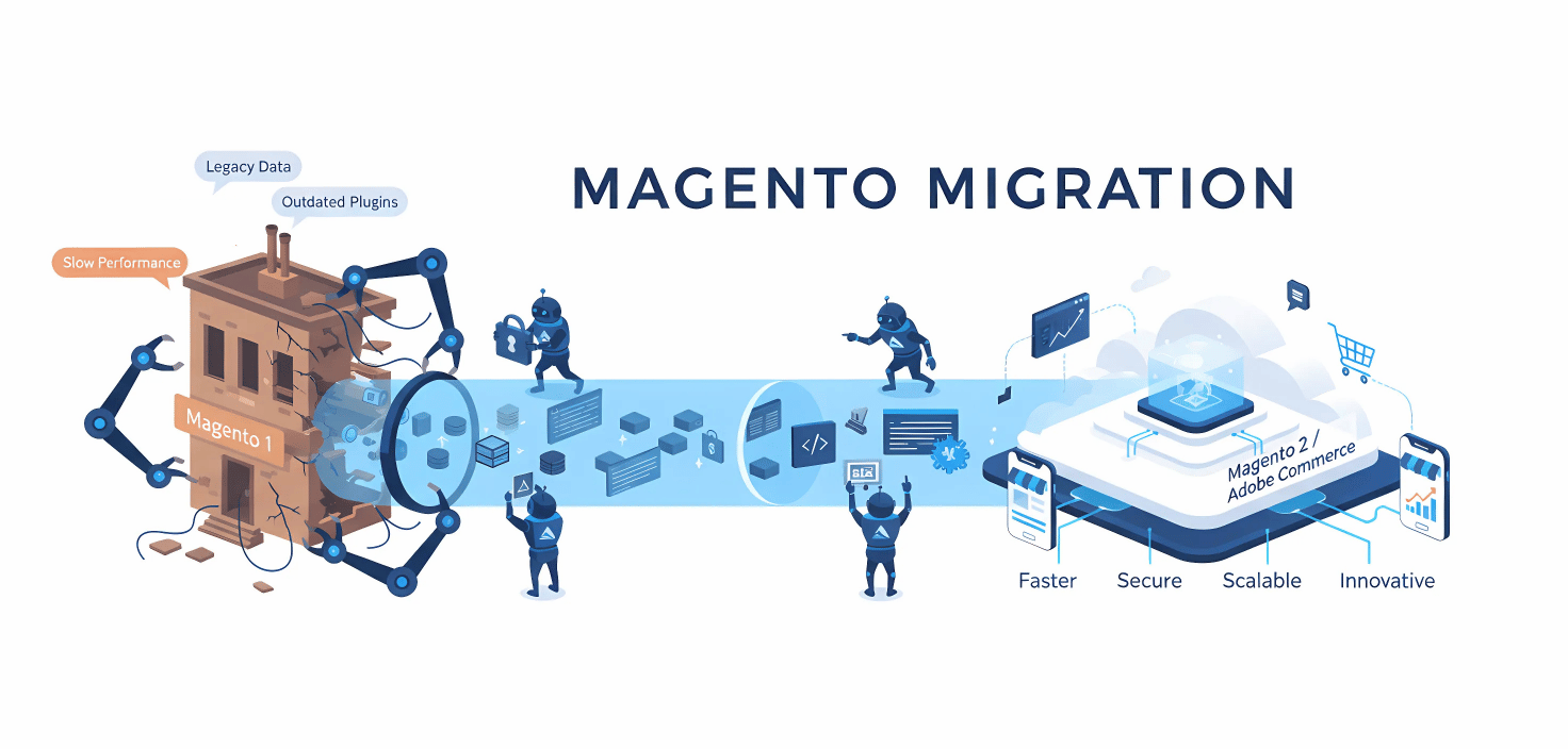 Illustration of Magento Migration from Outdated Magento 1 to Modern Magento 2/adobe Commerce, Highlighting Faster, Secure, Scalable, and Innovative Upgrades.