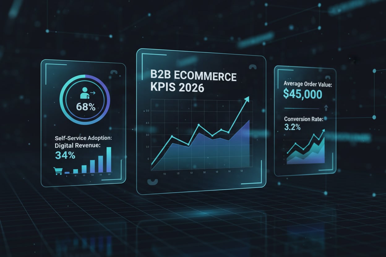 Modern Analytics Dashboard Displaying Essential B2b Ecommerce Kpis, Including Conversion Rates, Average Order Value, Digital Revenue Mix, and Self-service Adoption Metrics for 2026