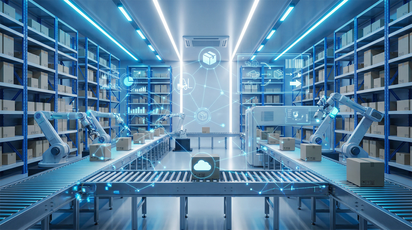 Modern Warehouse with Digital Overlay Showing Connected Erp Systems for the Best Erp for Distribution Companies Comparison