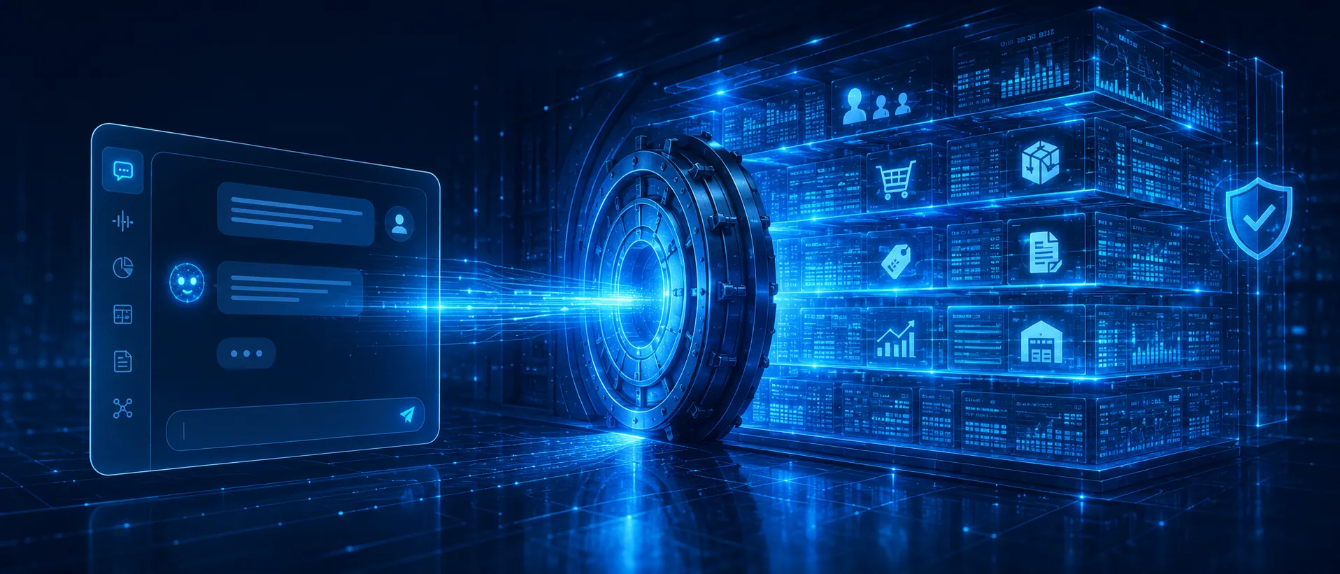 Ai-unlocking-erp-data-vault | Atwix Ai Chat Interface Unlocking a Glowing Erp Data Vault Through a Secure Digital Bridge