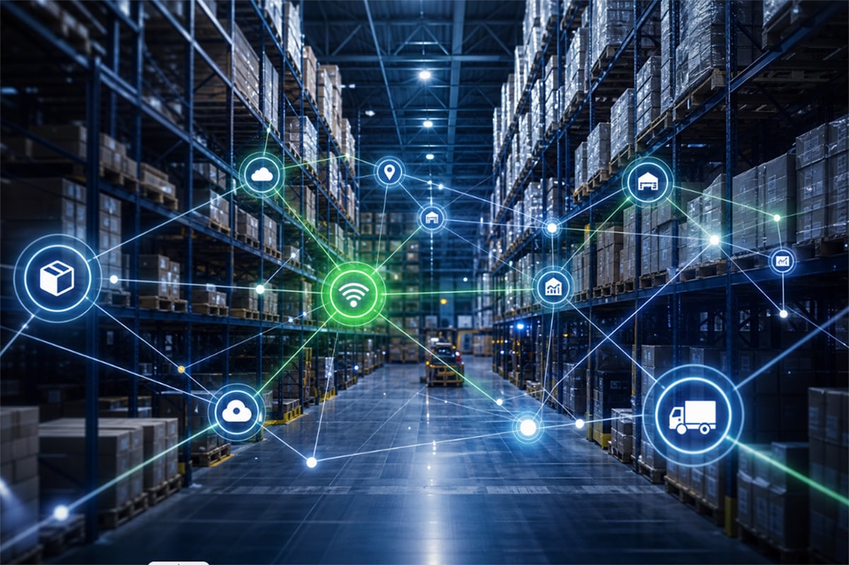 A-b2b-distribution-warehouse-with-interconnected-digital-system-nodes | Atwix a B2b Distribution Warehouse with Interconnected Digital System Nodes Overlaid, Representing the Erp Checklist Process B2b Distributors and Manufacturers Must Complete Before Go-live.