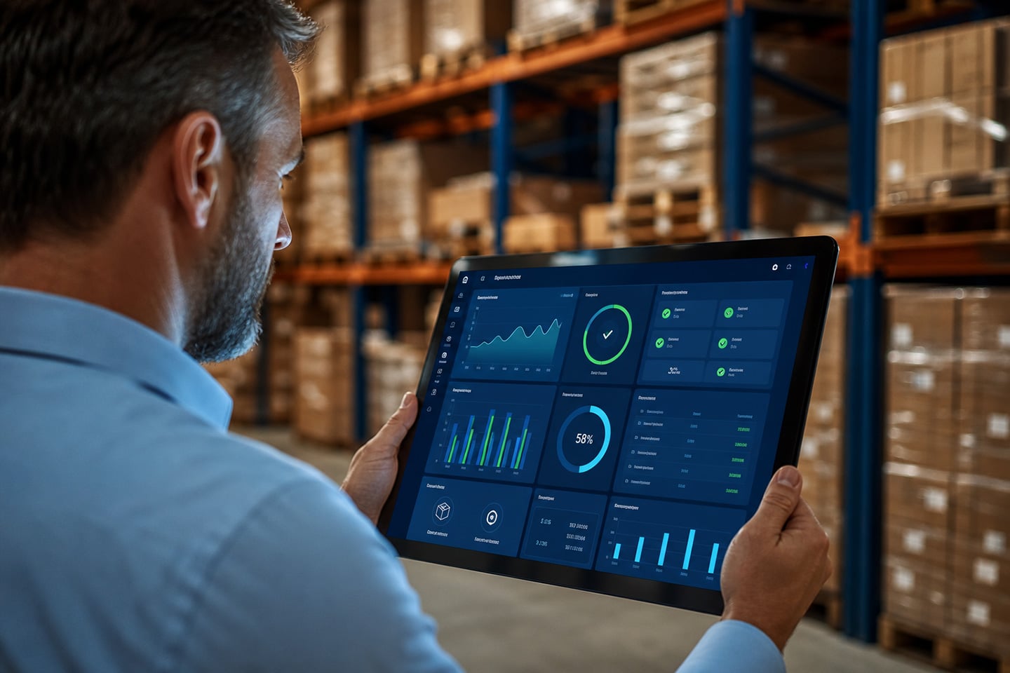 Warehouse-professional-reviewing-a-real-time-inventory-management-dashboard | Atwix Warehouse Professional Reviewing a Real-time Inventory Management Dashboard Showing Live Erp Sync Status and Stock Levels on a Tablet