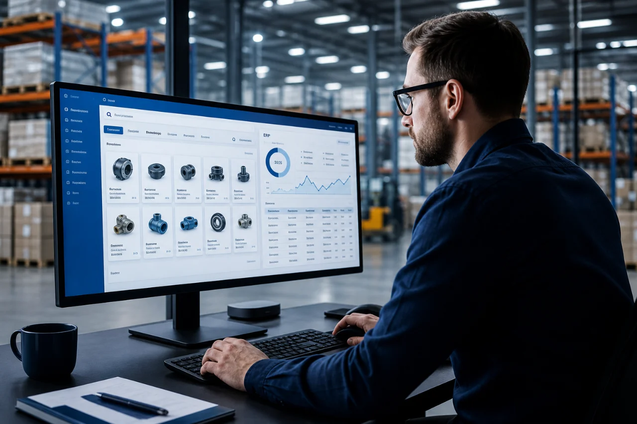 It Professional Reviewing an Ecommerce Migration Case Study Dashboard in a B2b Distribution Warehouse Environment.