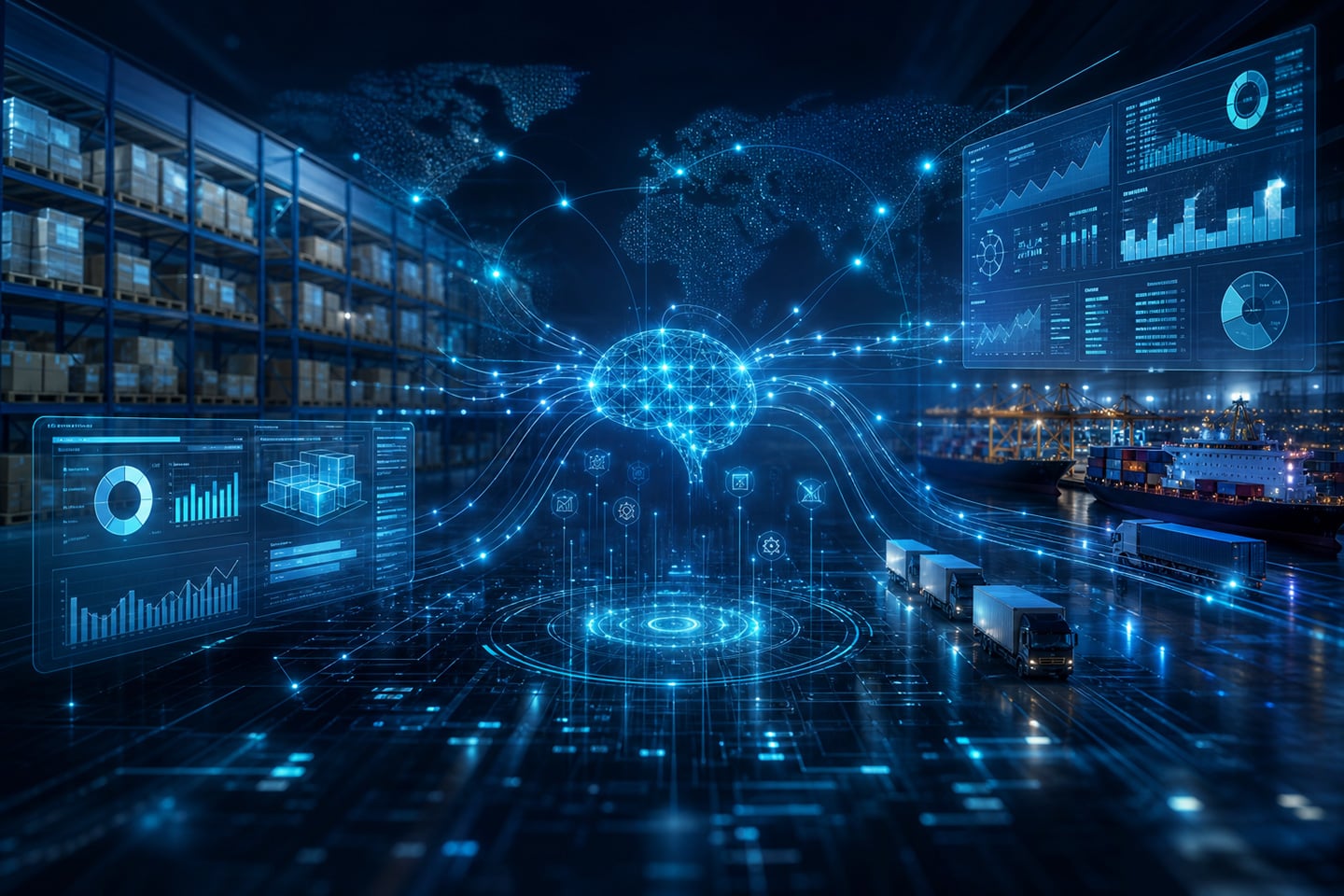 Abstract Visualization of the Ai in Erp Market Showing Interconnected Data Nodes, Supply Chain Flows, and Erp Dashboard Interfaces in a Dark Teal and Navy Digital Environment