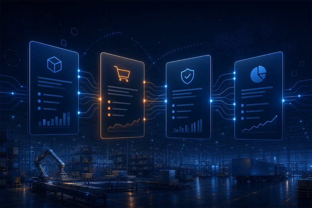 Enterprise-comparison-graphic-for-the-best-b2b-ecommerce-platforms | Atwix Enterprise Comparison Graphic for the Best B2b Ecommerce Platforms, with Glowing Interface Panels and Data Flow Connections