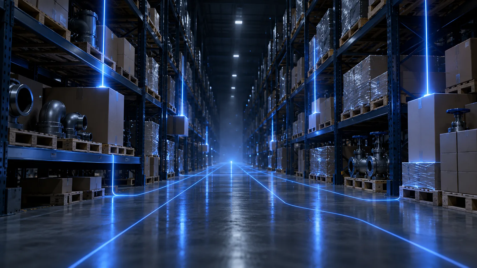 Long Warehouse Aisle with Tall Metal Racks, Stacked Boxes and Blue Neon Light Trails Along Shelves and Floor.