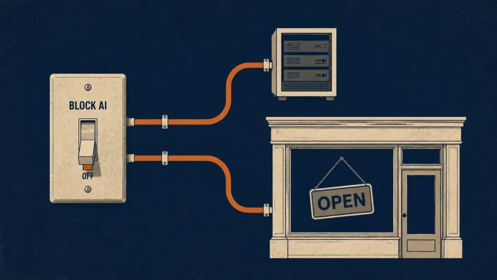 Illustration of a Switch Labeled Block Ai Wired to Both a Server Rack and a Storefront Where the Open Sign Has Gone Dark