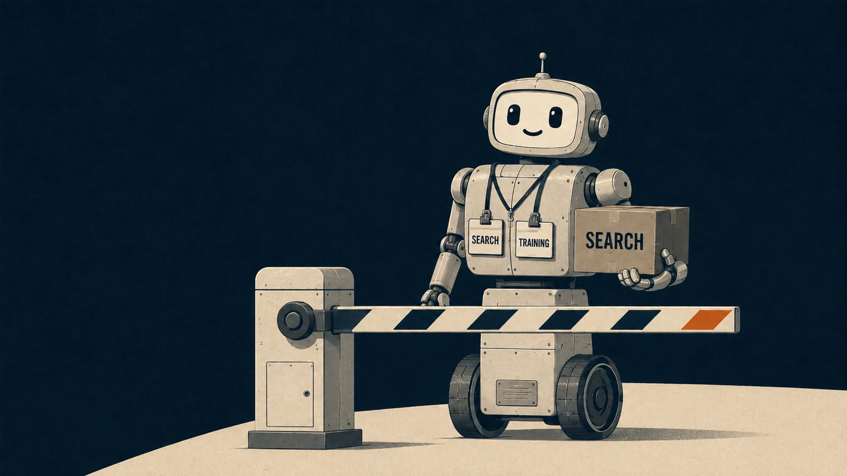 Cloudflare-blocking-googlebot-hero | Atwix Illustration of a Delivery Robot Carrying a Parcel Labeled Search, Stopped by a Lowered Barrier While Wearing Badges Reading Search and Training, Symbolizing Cloudflare's Ai Training Block Catching Googlebot