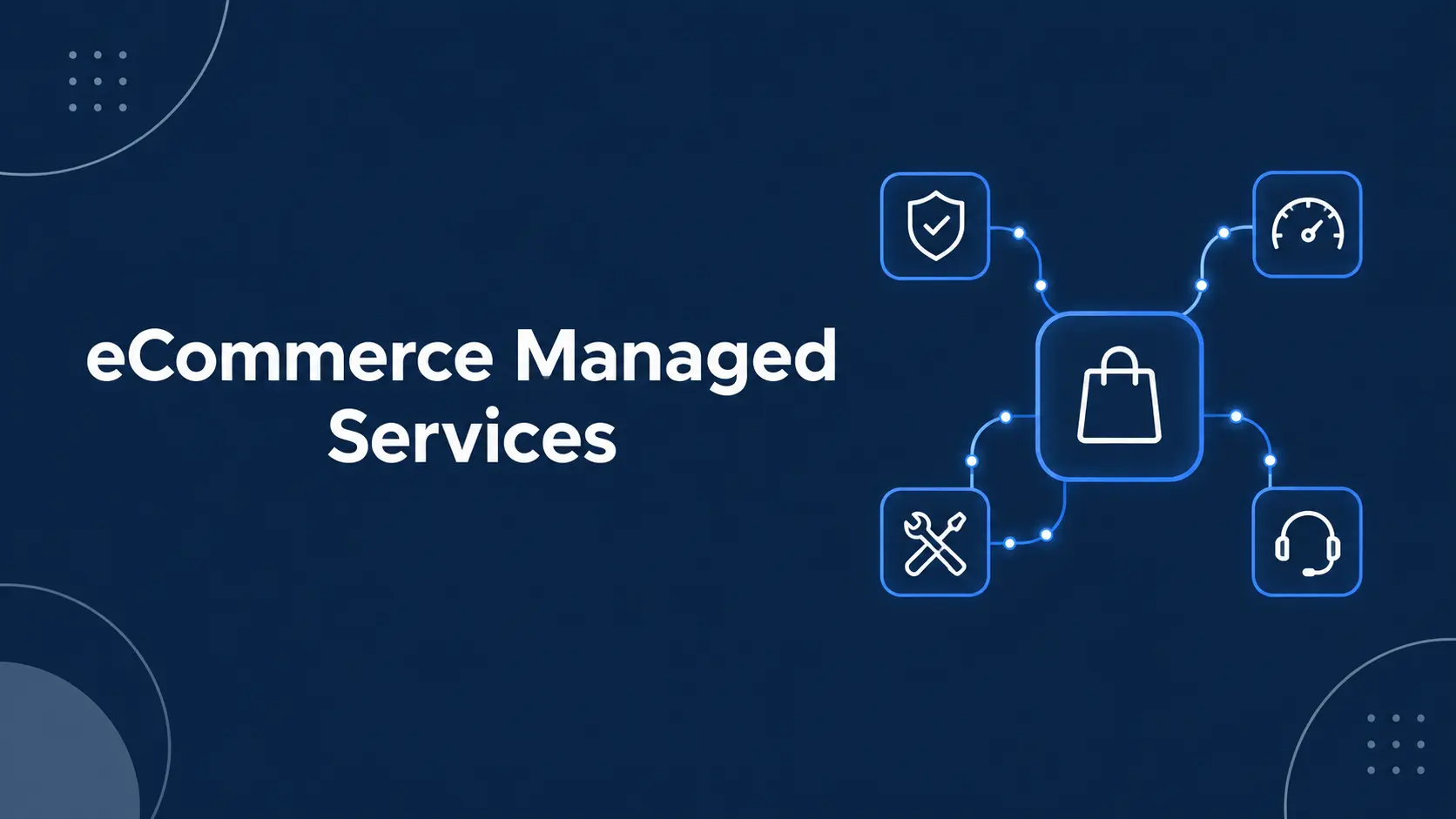 Ecommerce Managed Services | Atwix Ecommerce Managed Services Headline with a Central Shopping Bag Icon Connected to Security, Performance Gauge, Tools, and Headset on a Blue Background