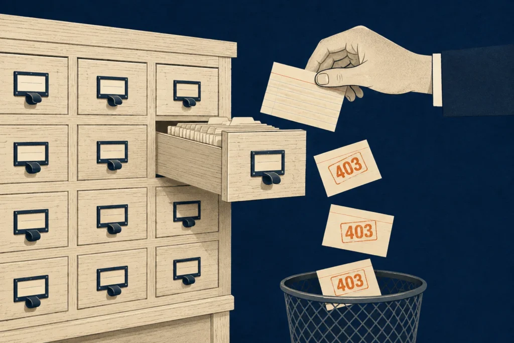 Illustration of Index Cards Stamped 403 Being Pulled from a Library Card Catalog and Dropped into a Wastebasket