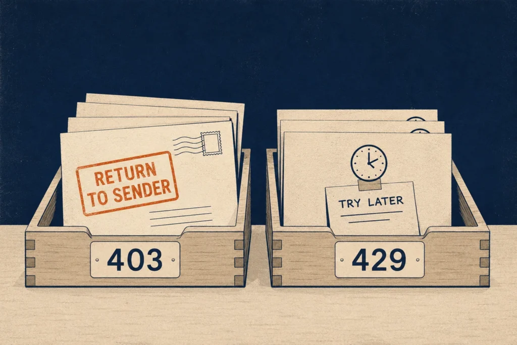 Illustration of Two Mail Trays: a 403 Tray with Letters Stamped Return to Sender and a 429 Tray with Letters Marked Try Later