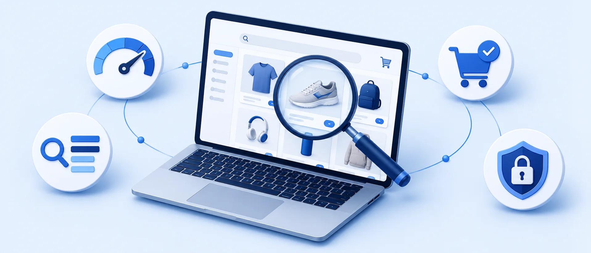 Ecommerce Audit at a Glance | Atwix Laptop Showing an E-commerce Product Grid with a Magnifying Glass over a Sneaker, Connected to Icons for Speed, Search, Cart, and Security.
