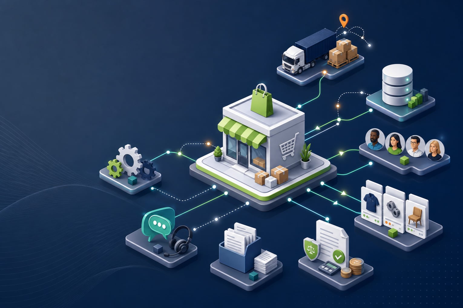 Illustration-of-best-shopify-integrations-connecting-b2b-storefronts | Atwix Illustration of Best Shopify Integrations Connecting B2b Storefronts with Shipping, Erp, Crm, Tax, Support, and Automation