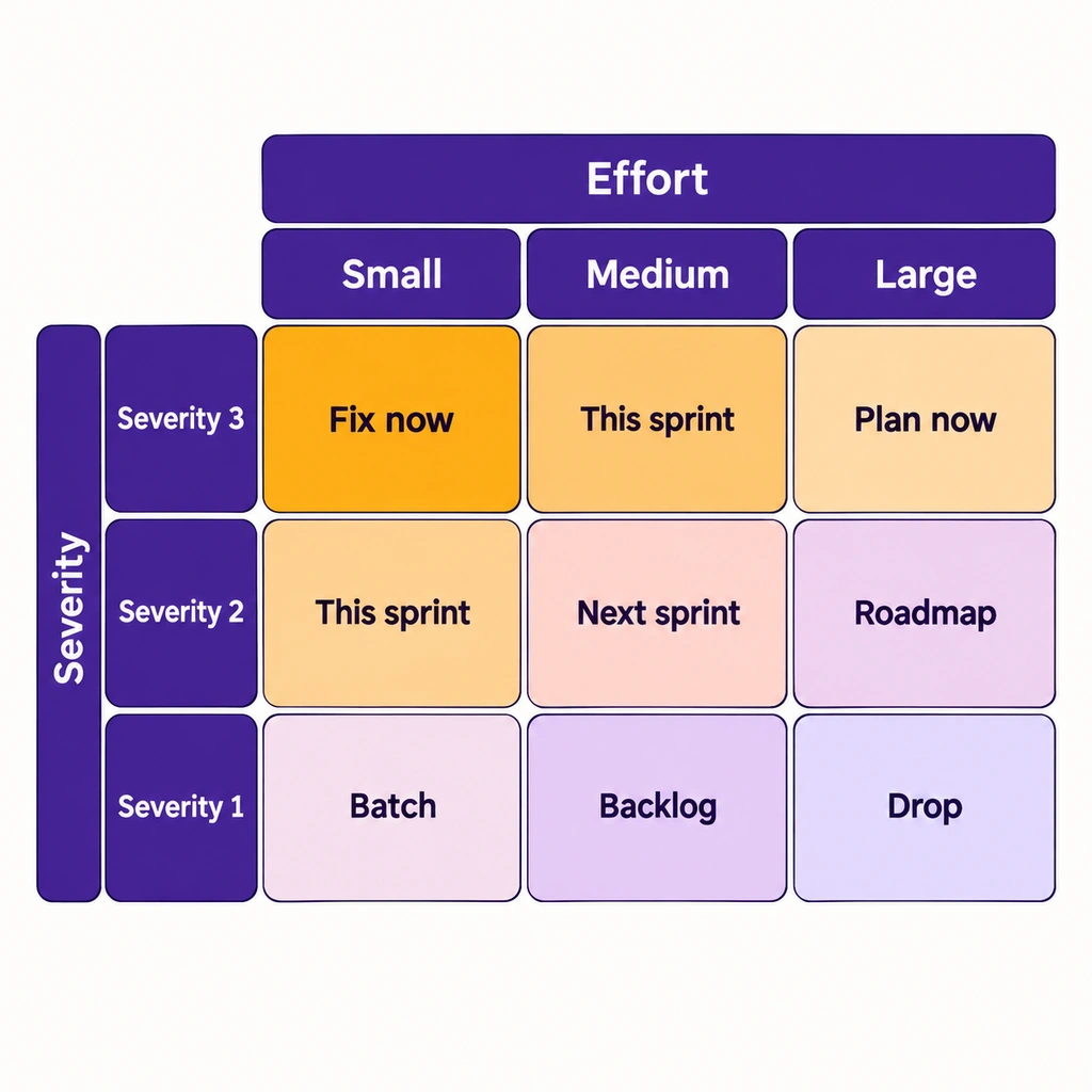 Audit-fix-priority-grid | Atwix a Priority Matrix Showing Severity on the Left and Effort Across the Top, with Actions Like Fix Now, This Sprint, Plan Now, Next Sprint, Roadmap, Batch, Backlog, and Drop.