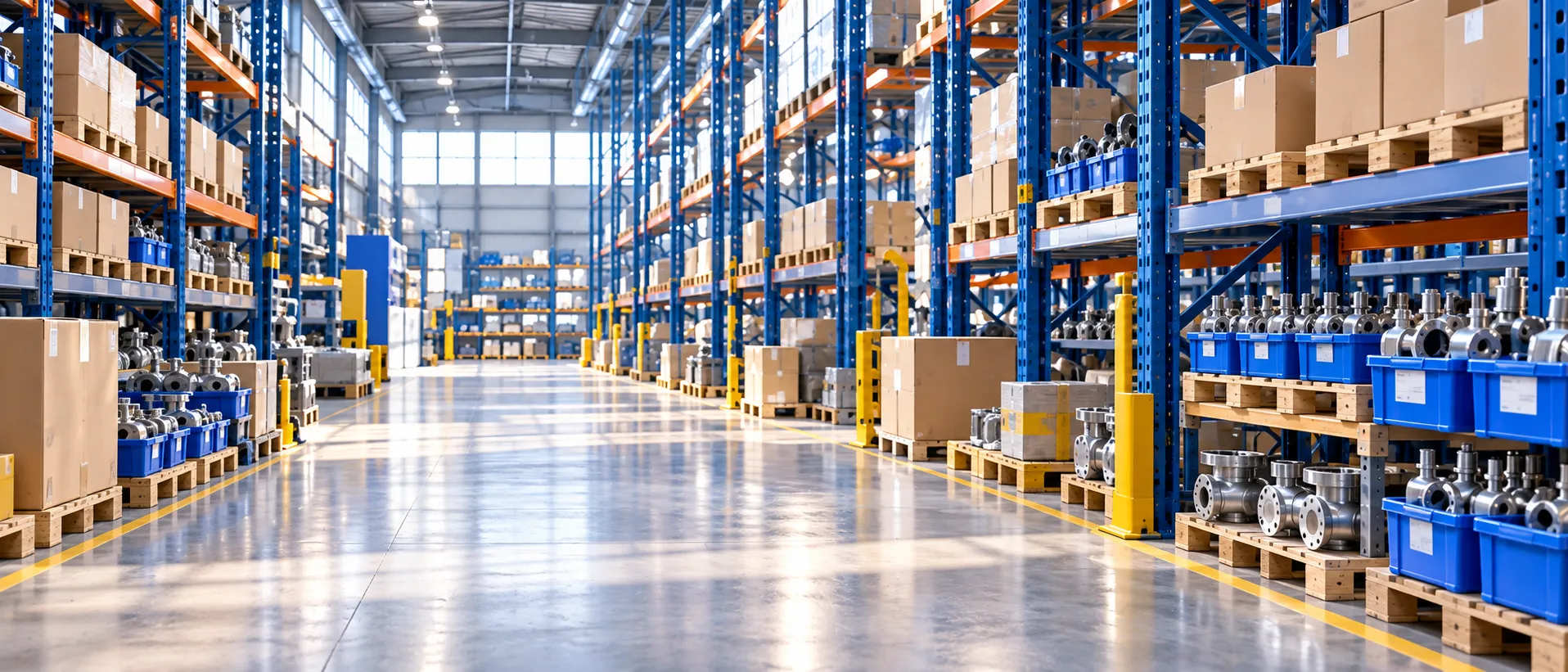 Cpq Manufacturers Warehouse | Atwix Aisle in a Large Warehouse with Tall Blue Metal Racks, Stacked Cardboard Boxes, and Wooden Pallets on the Floor and Shelves.