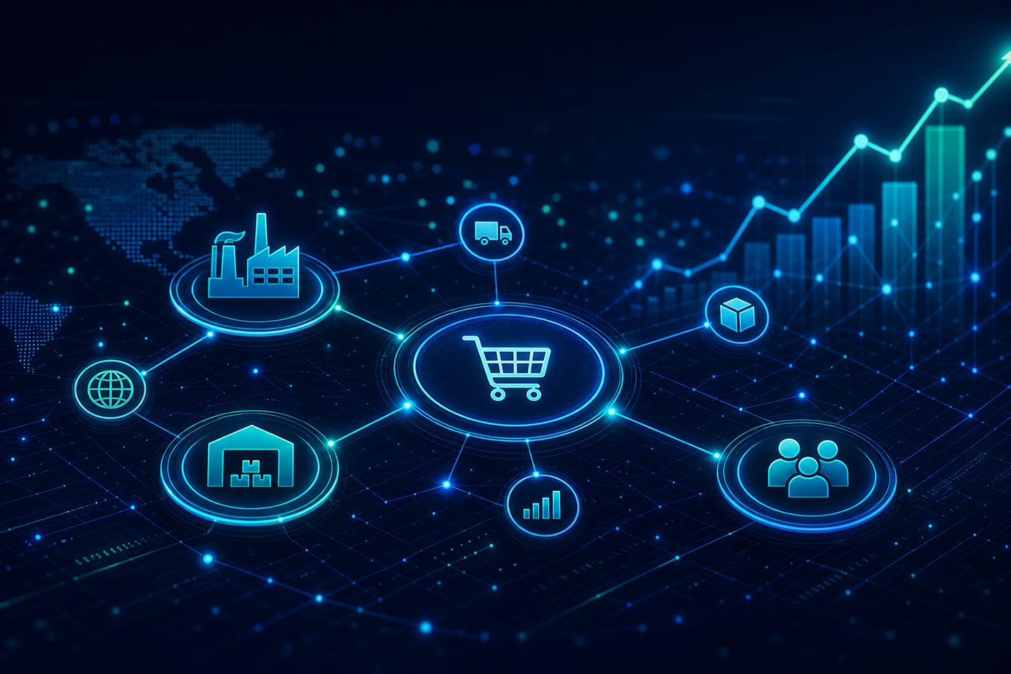 Ecommerce-market-insights-visualization | Atwix Ecommerce Market Insights Visualization: Interconnected B2b Commerce Network with Upward Data Graph on Dark Navy Background