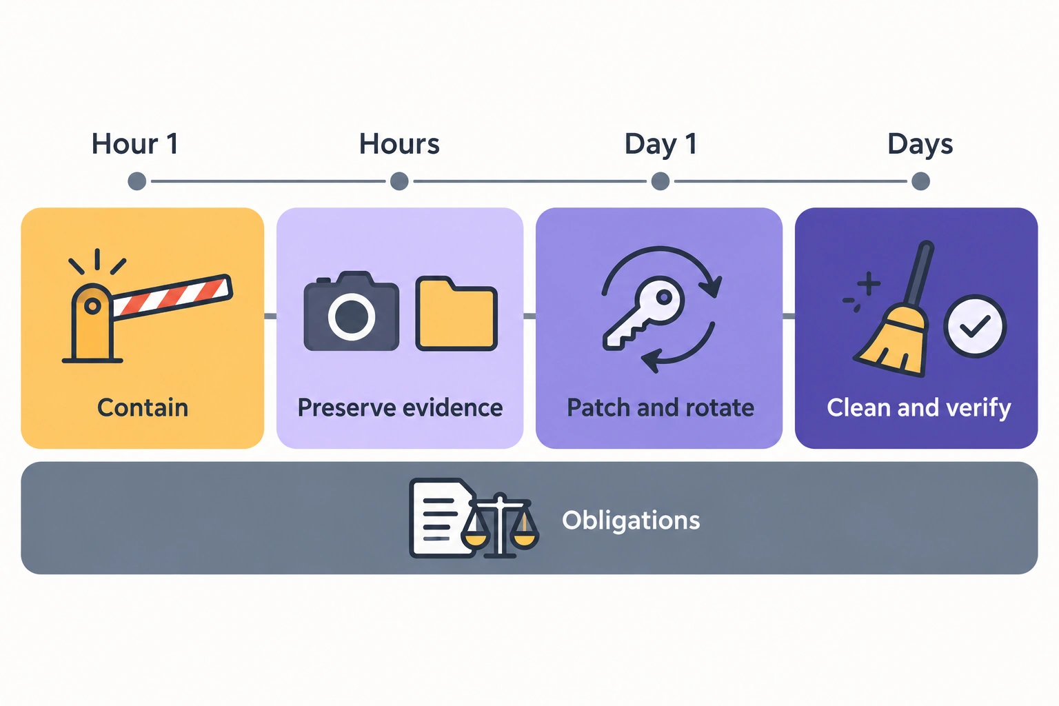 Four-step Infographic Labeled Obligations Showing: Contain, Preserve Evidence, Patch and Rotate, Clean and Verify Along a Timeline.
