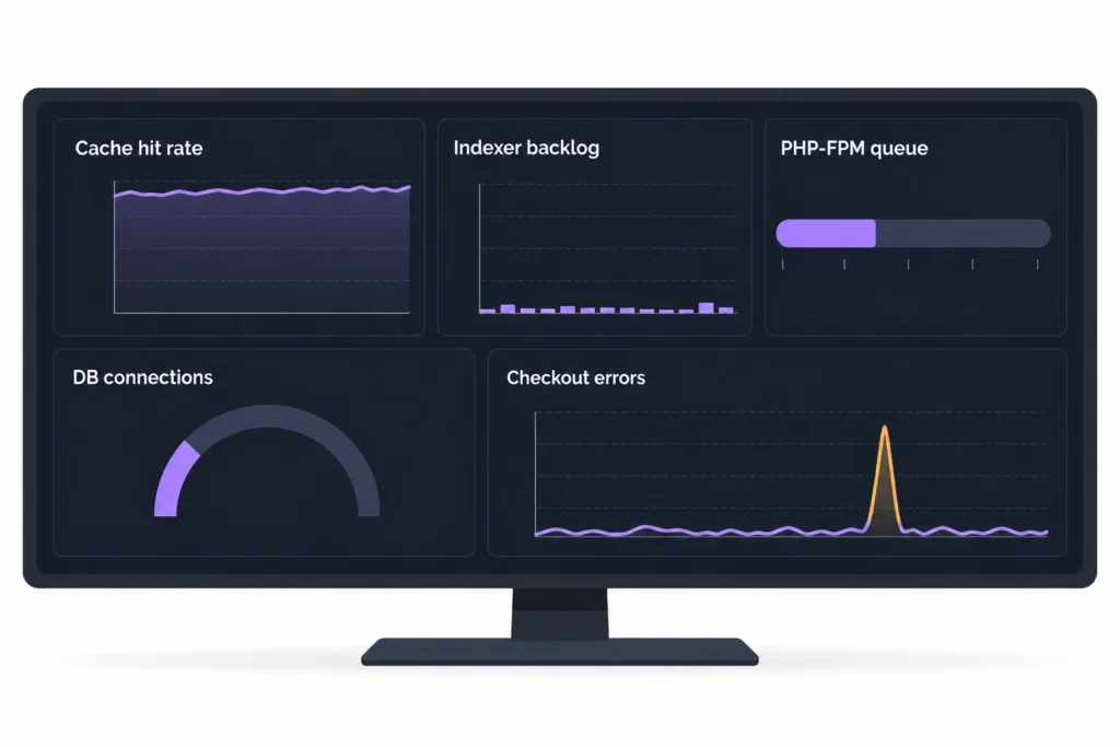 Dark Dashboard on a Monitor Showing Six Panels: Cache Hit Rate, Indexer Backlog, Php-fpm Queue, Db Connections, and Checkout Errors Graphs and Gauges.